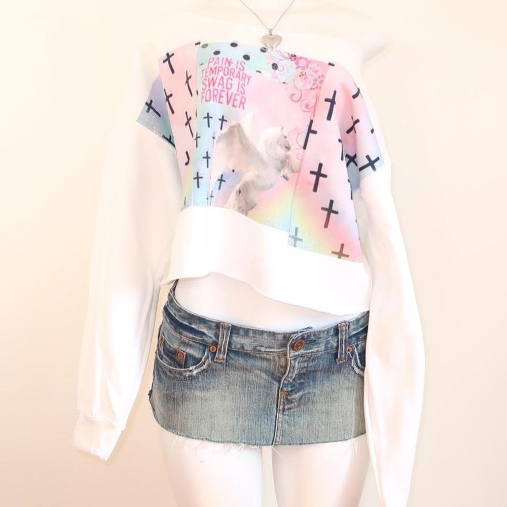 y2k unicorn cross graphic off shoulder cropped sweatshirt swag